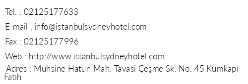 stanbul Sydney Hotel telefon numaralar, faks, e-mail, posta adresi ve iletiim bilgileri
